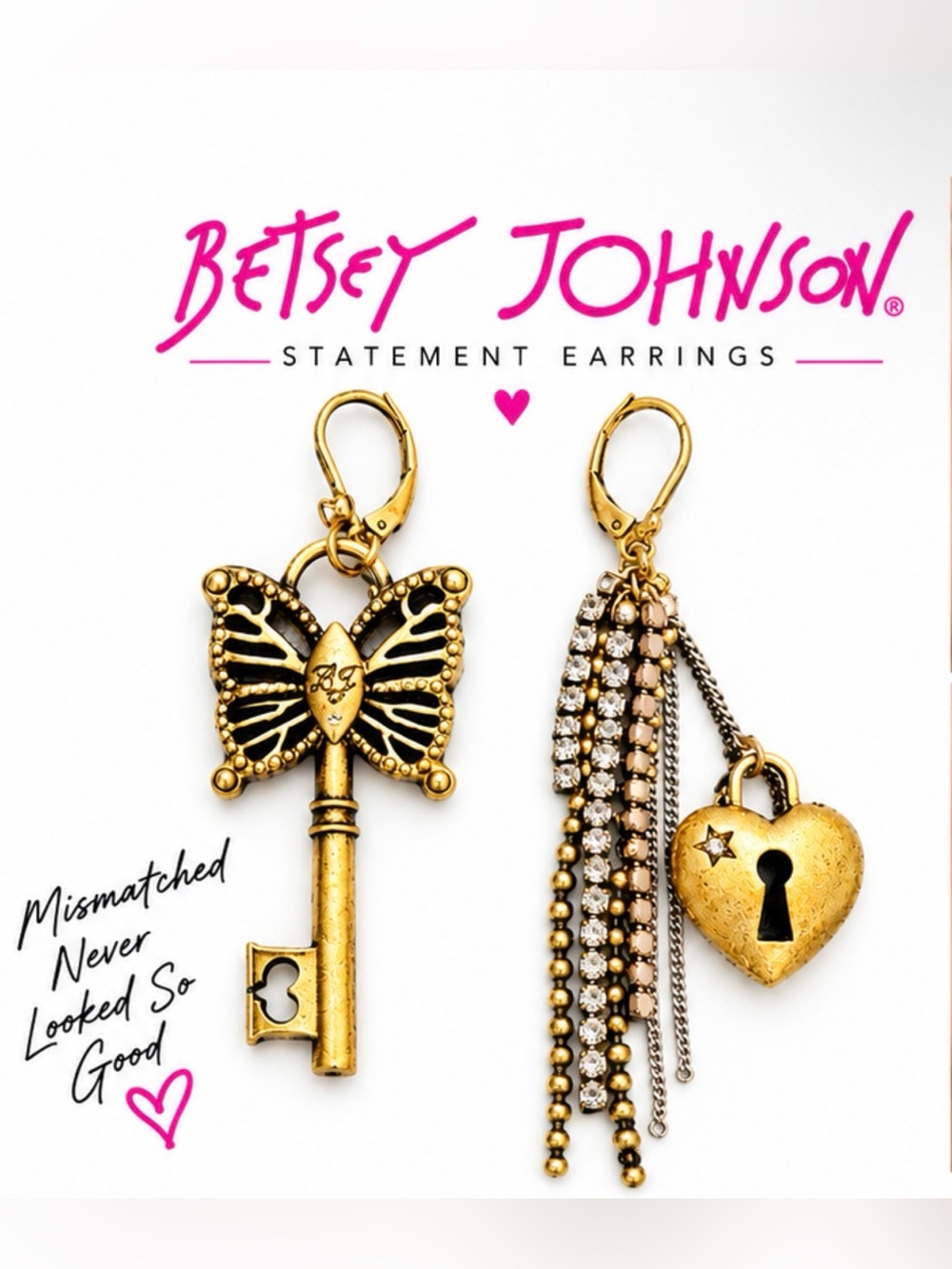 Betsey Johnson Boho Butterfly Key Fringe Mismatch Earrings Gold & Black